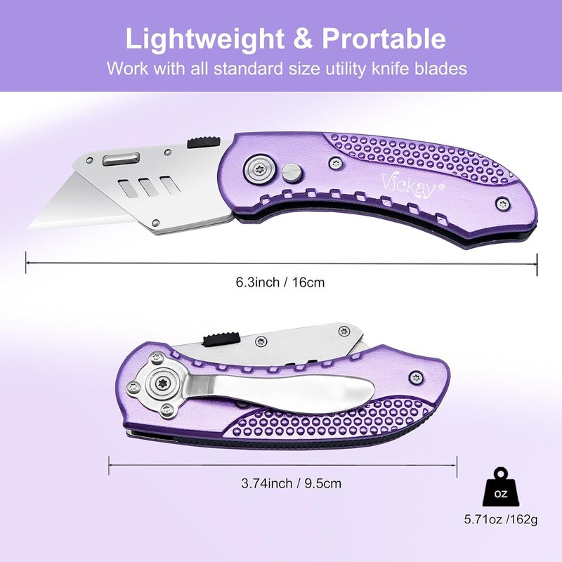 Vickay Folding Utility Knife, Box Cutter with 5 SK5 Quick Change Blades, Safety Axis Lock Design Razor Knife, Lightweight Aluminum Handle Belt Clip for Office Home Artcraft （Light Purple) - Image 2